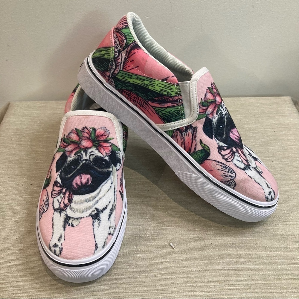 GROOVE BAGS Sz 5 Slip On Chunky Sole Pug Dog Design Slip On Flats Loafers